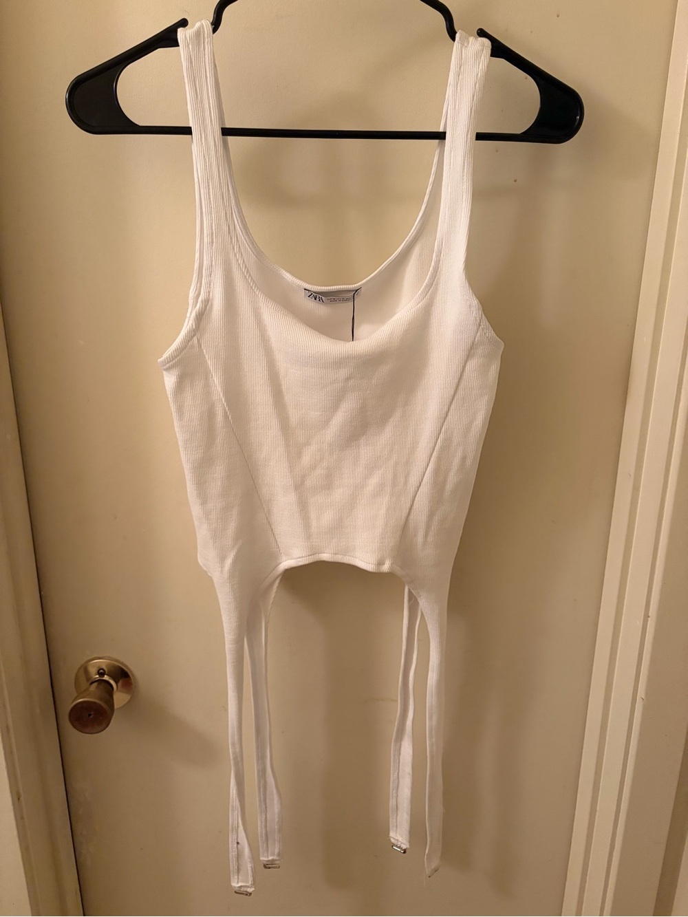 Zara White Ribbed Crop Tank with Front Tie Straps